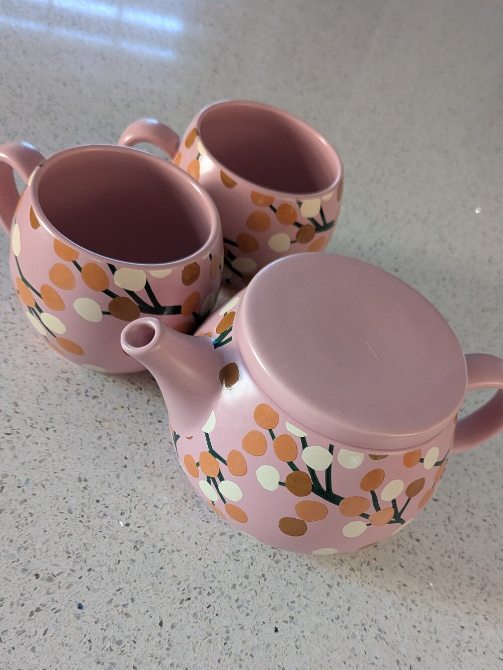Indigo "Blush Dot and Branch" Ceramic Teapot & Two Matching Mugs Set